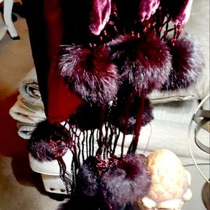 Burgundy velvet wrap with faux mink ball tassels